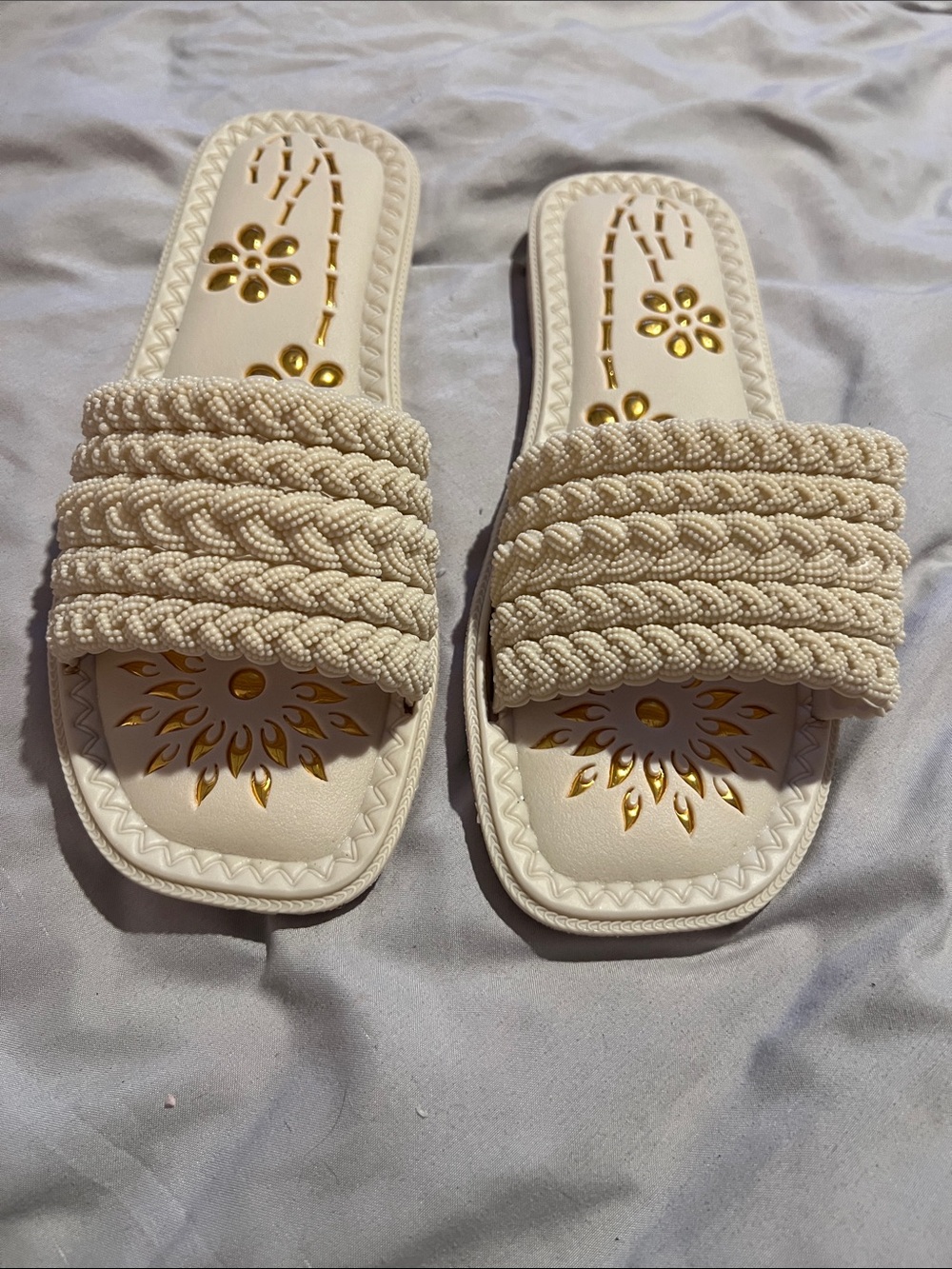 Beginning Boutique Cream Braided Slide Sandals with Gold Accents